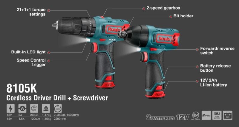 Ronix Model 8105K 12V 2A 2batteries High Quality Power Tools Electric Cordless Impact Driver Drill and Screwdriver Machine Set