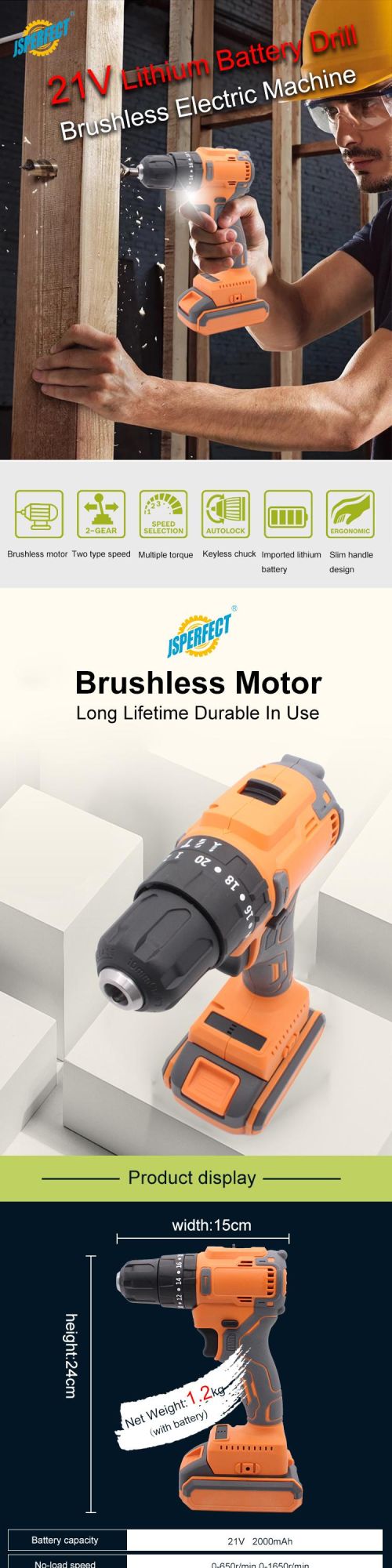 Jsperfect 21V Portable Electric Brushless Recharchable Cordless Drill