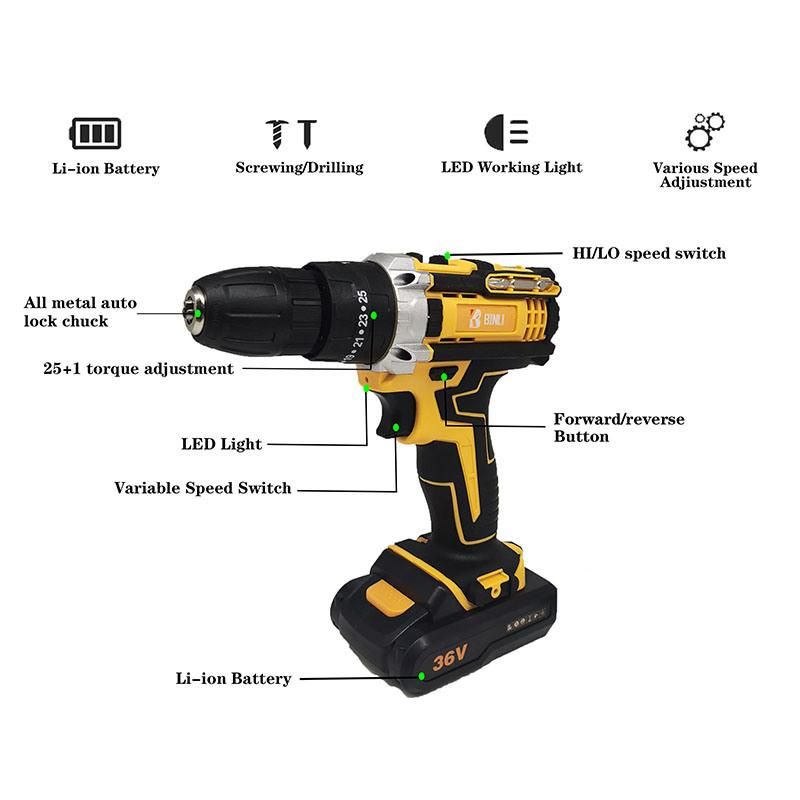 Good Quality Hot Sale 36V Home Use Battery Wireless Drills Power Cordless Drills
