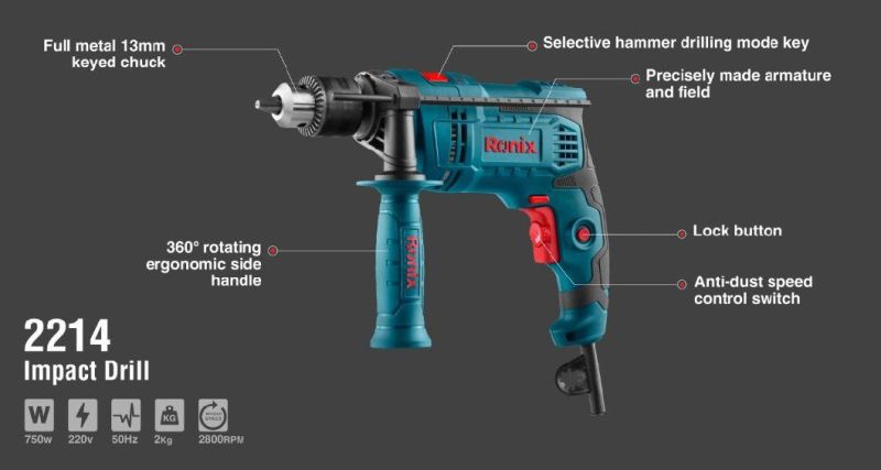 Ronix Model 2214 750W 13mm in Stock Portable Handle Electric Impact Driver Drill