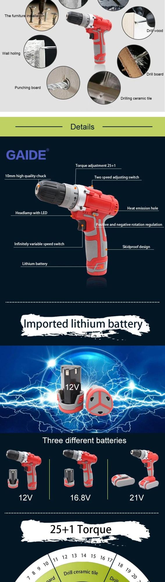 Cordless Drill 10mm 12V Screwdriver Mkt Design 3/8′′ Lithium Battery