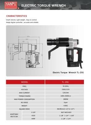 Square Drive Type Electric Torque Wrench, Model Tl-25g, Torqe Range 1000-2500nm, Square Drive Size 38mm (1-1/2&quot;) or 25.4mm, 1&quot;