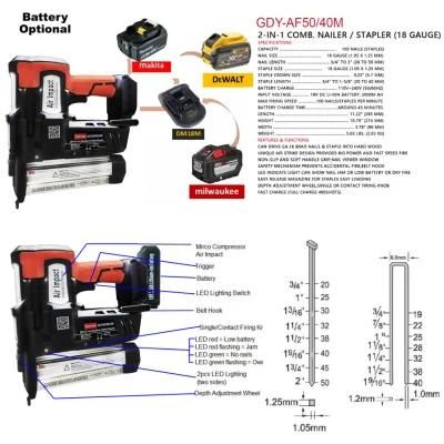 OEM China Good Supplier 18V Battery Cordless F50 Nailer and 9040 Stapler 2 in 1 Gdy-Af5040m