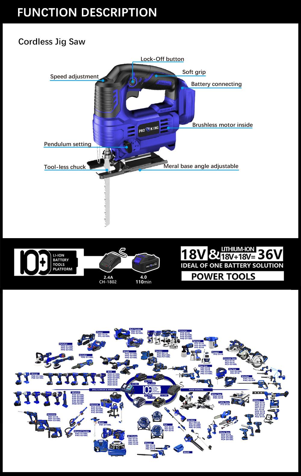 Cordless Jig Saw Battery Brushless Motor 3speed Adjustment