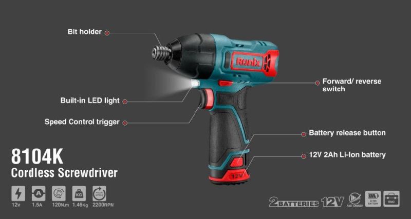 Ronix High Quality Model 8104K 12V 2A Cordless 2 Battery Magnetic Mini Electric Screwdrivers