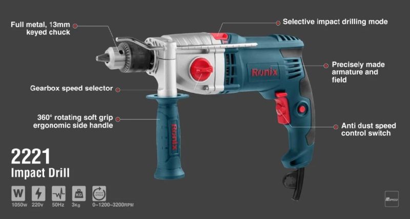 Ronix Model 2221 13mm 1050W Professional Multi-Functions Power Tools Portable Electric Impact Driver Drill