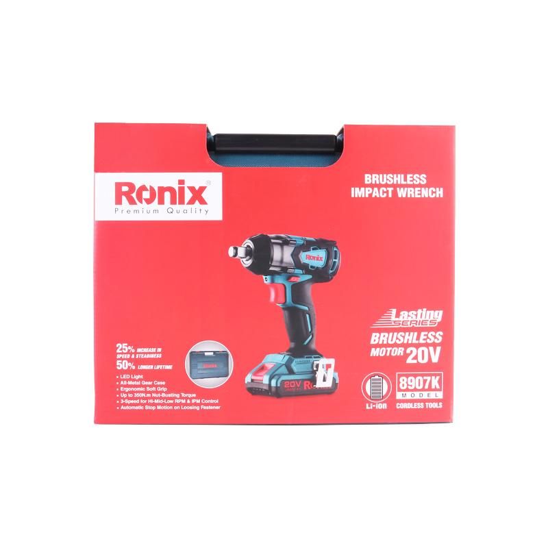 Ronix New Product Model 8907K 350n. M High Torque Brushless Motor 2ah/4ah Battery Cordless Impact Wrench Tool Kit