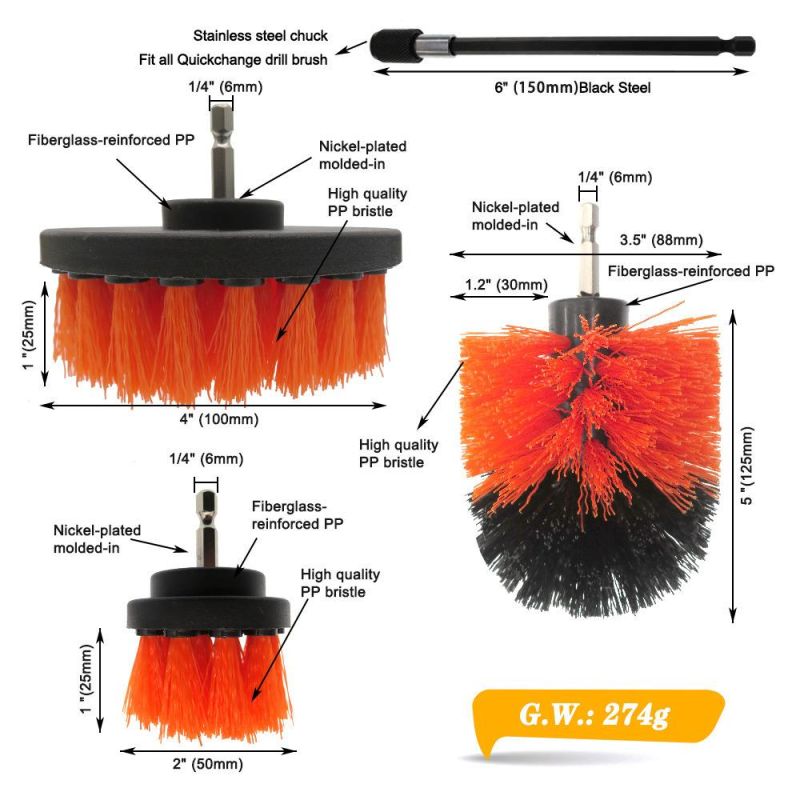 Electric Drill Brush Orange 4-Piece Set 2 Inch 3.5 Inch 4 Inch Electric Cleaning Brush