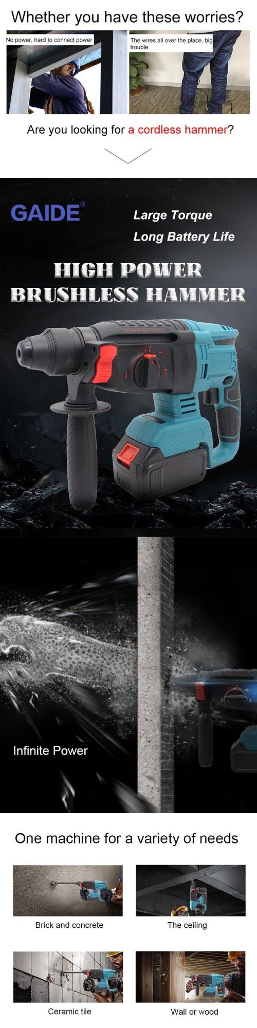 3 Function Brushless Cordless Rotary Hammer Drill Rechargeable Electric Hammer 26mm Impact Drill