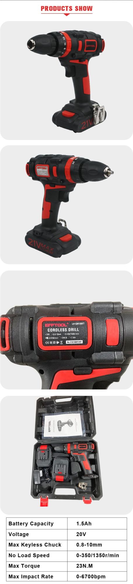 Efftool Lf-Qm109FT Cordless Impact Drill Electric Power Tools Charger Motor