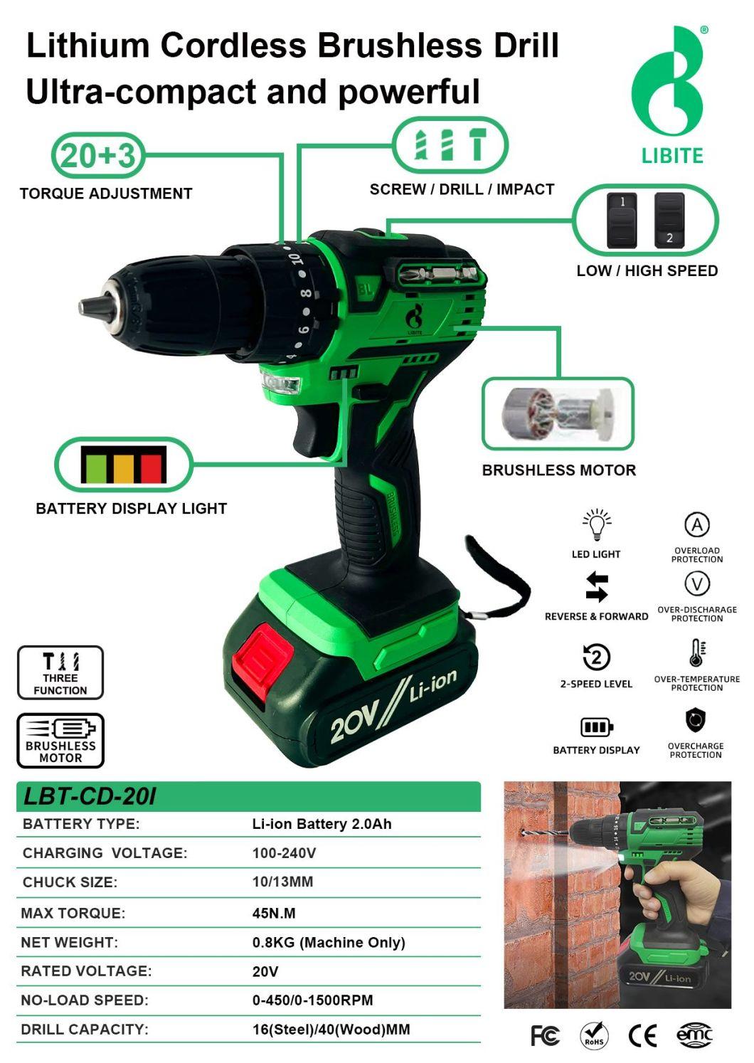 20V Lithium Heavy Duty 45nm Professional Cordless Impact Brushless Drill