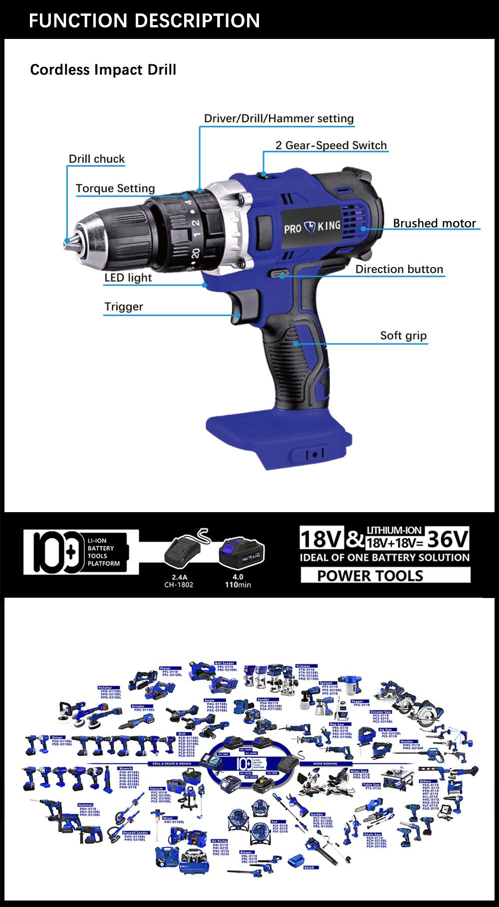 Cordless Impact Drill Brushed Motor 50nm