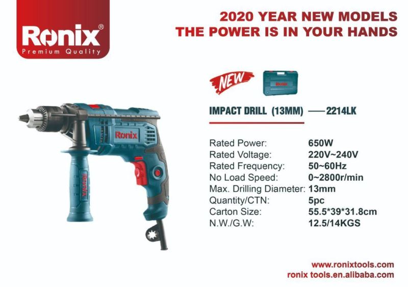 Ronix Model 2214lk 650W 13mm in Stock Power Tools Portable Handle Electric Impact Driver Drill Set with BMC Box