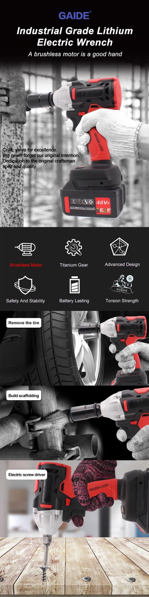 Gaide Top Supplier Brushless Cordless Electric Impact Wrench