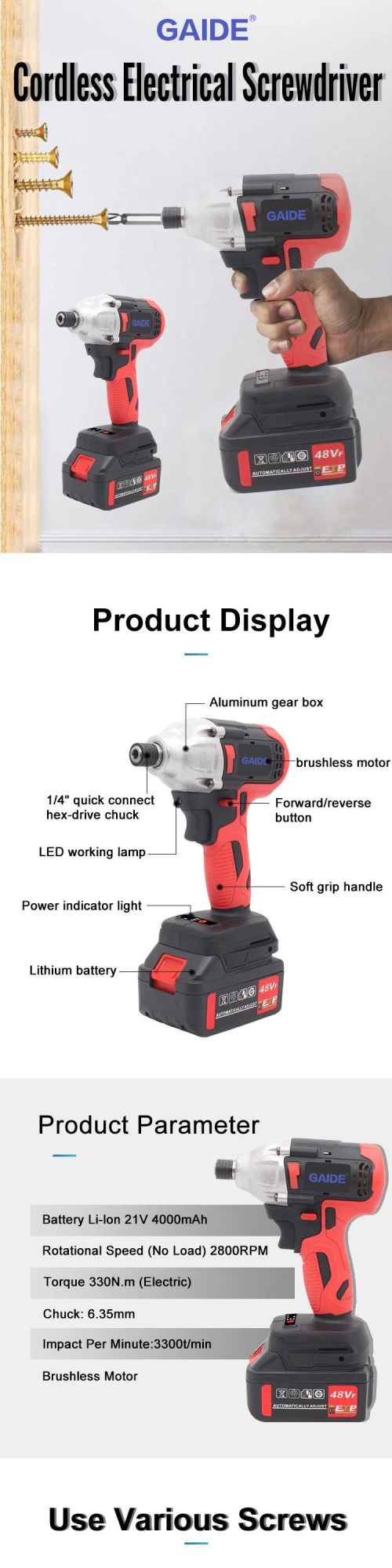 Gaide Cordless Impact Screwdriver Rechargeable