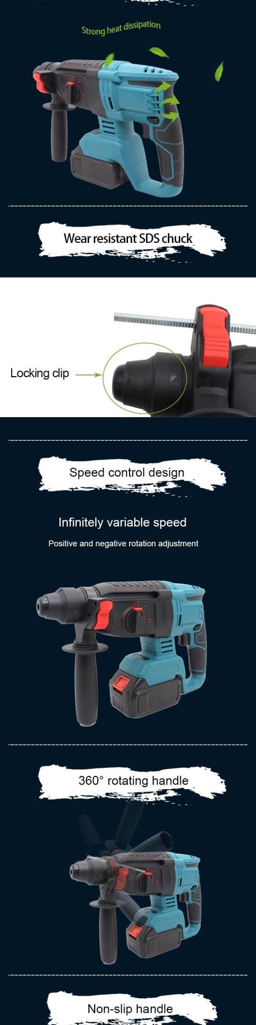 Jsperfect Cordless Brushless Rotary Hammer Drill Driver with Lithium Battery