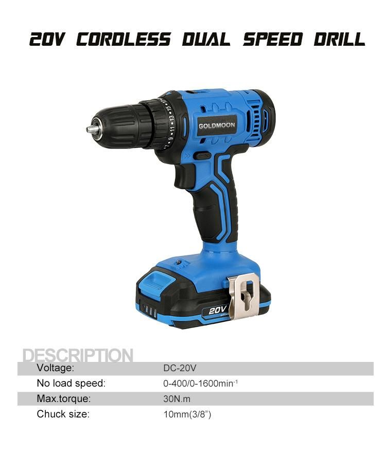 Goldmoon 20V Cordless Lithium Hot Sale Goldmoon 13mm Double Dual Speed Drill