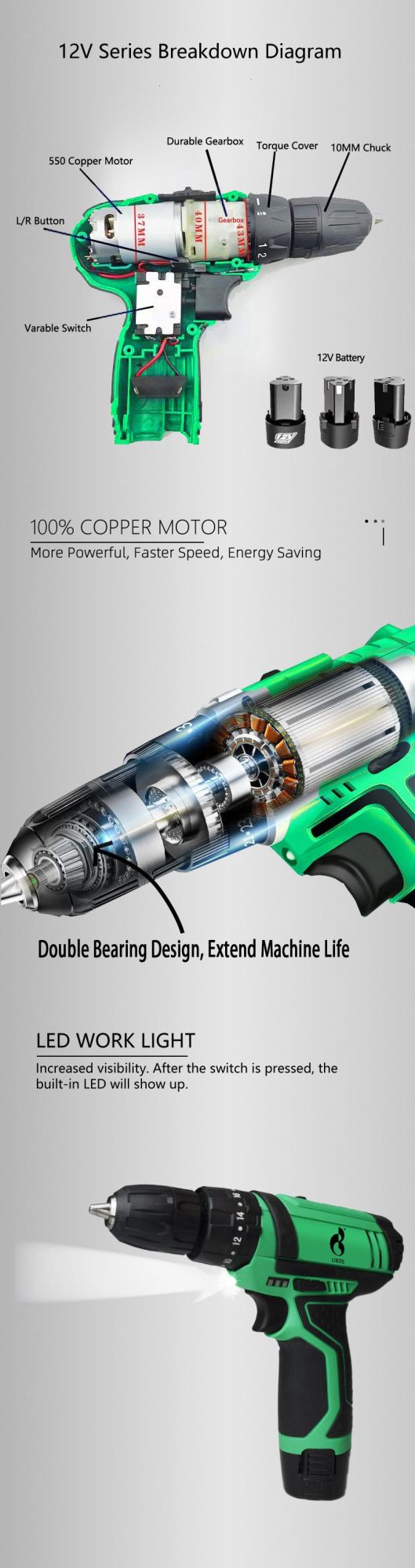 Libite 12V Li-ion Mini Screwdriver Lithium Battery Cordless Impact Drill