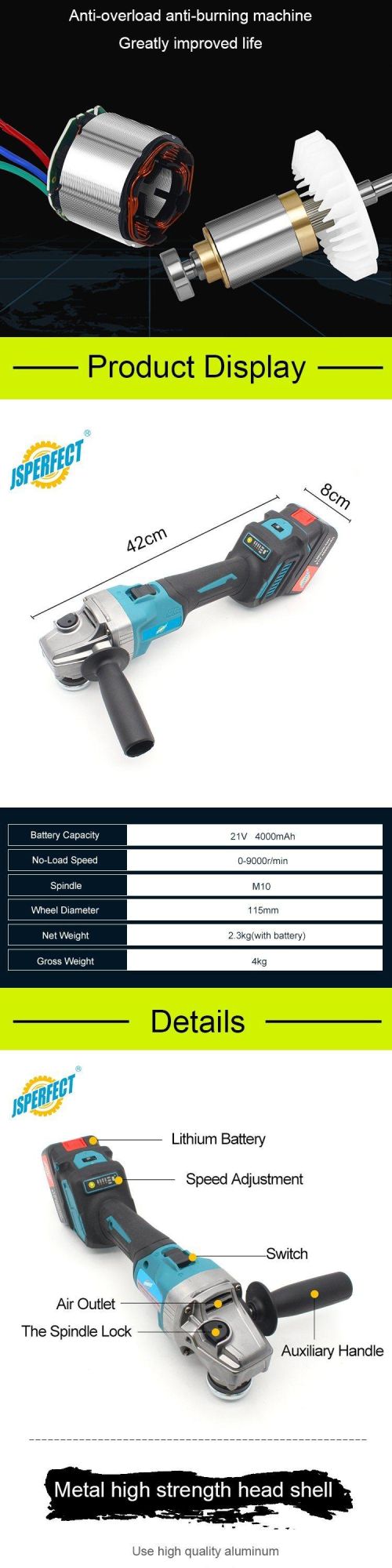 Jsperfect Cordless Angle Grinder Big 2 Battery